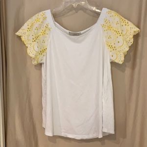 loft top with yellow lace sleeve